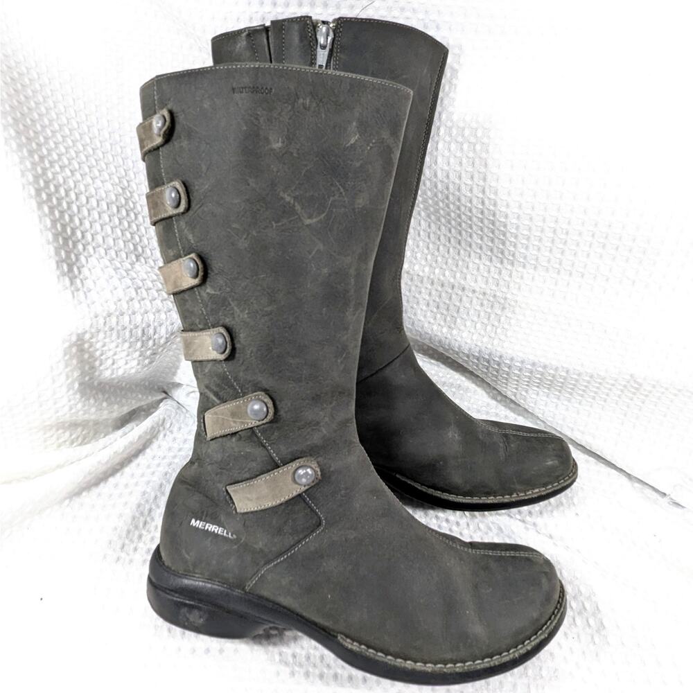 MERRELL! GRAY GENUINE SUEDE LEATHER CAPTIVA LAUNCH 2, 6 STRAP BOOTS! SZ 8.5M